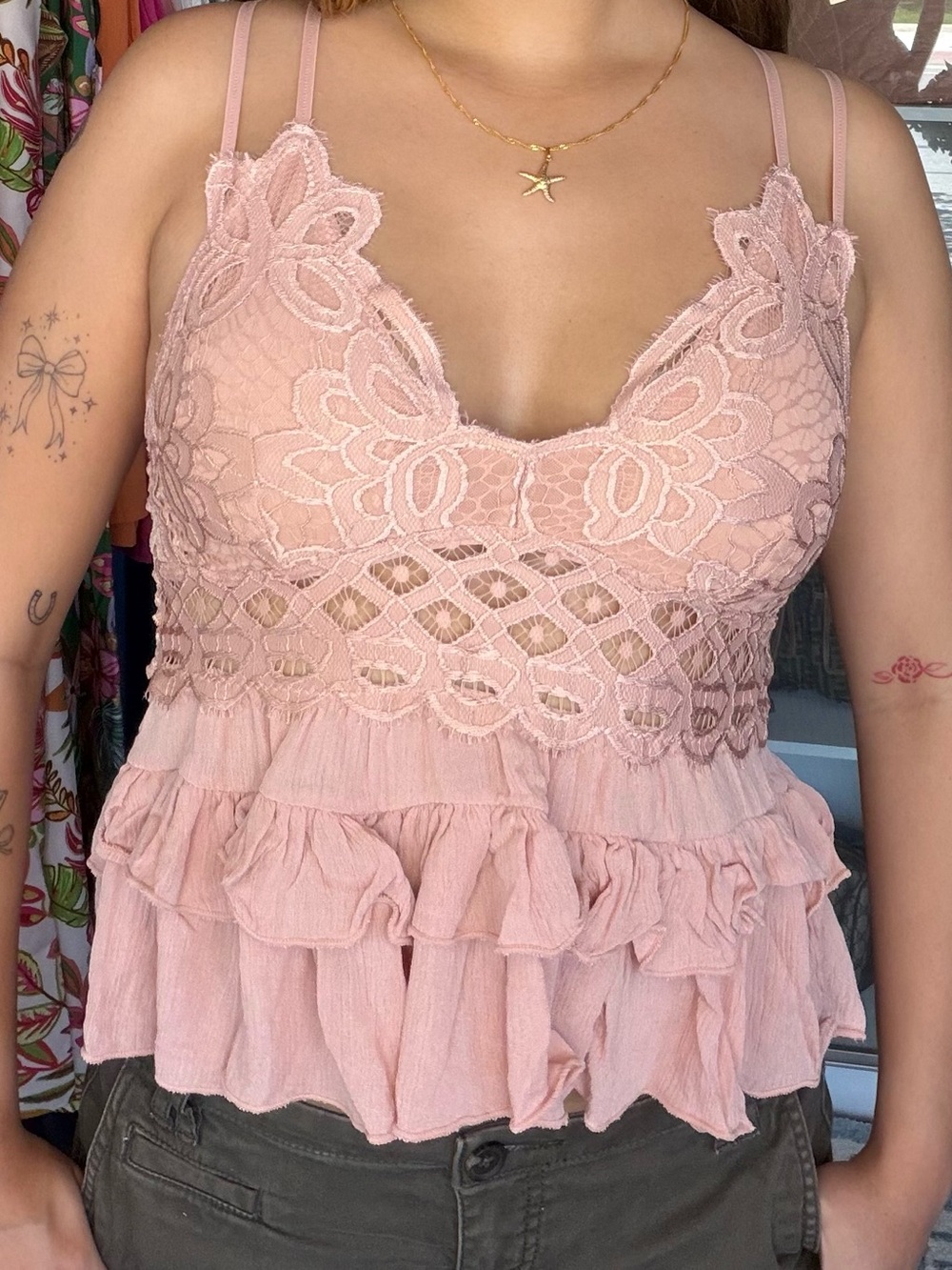 Pink Cami Lace Ruffled Tank Top